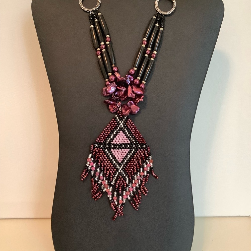 Pink pearl and black hairpipe necklace with handmade beadweaving fringed pendant